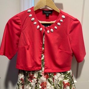 Petite floral dress with pink short sleeved blazer